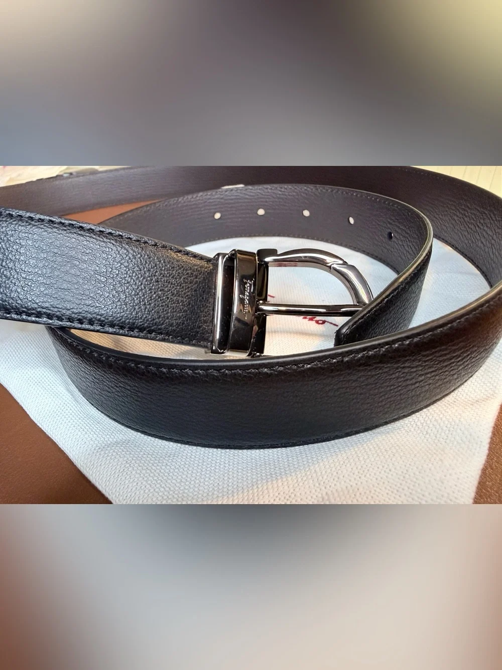 NEW Ferragamo Men's Reversible Belt Black Brown Gancini Buckle + Dust Bag